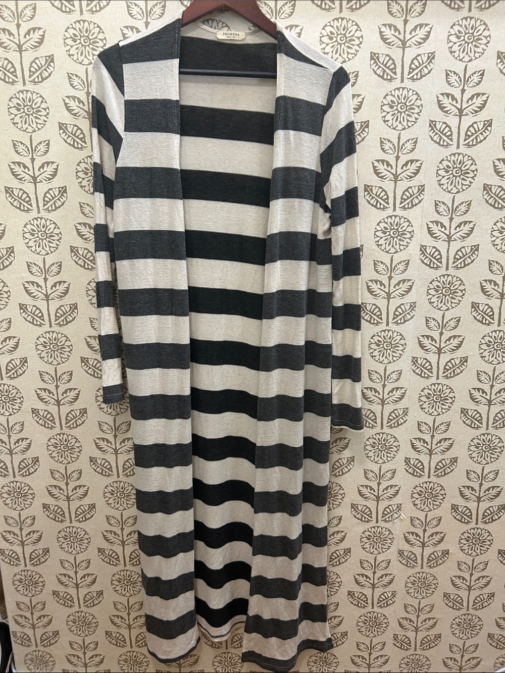 Promesa Long Open-Front Striped Cardigan in Black and Cream